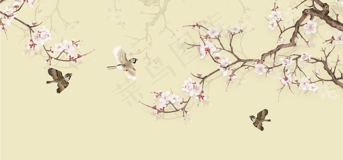 新中式花鸟壁画背景图片(9071X4535(DPI:76))psd模版下载