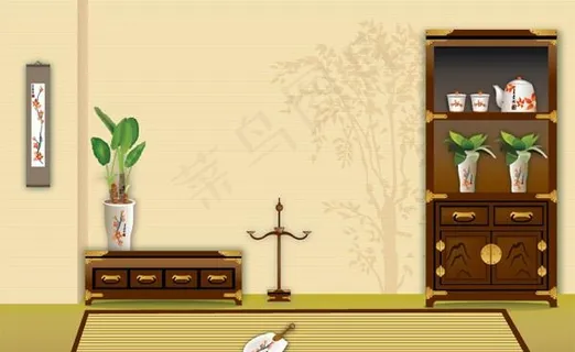 矢量中式古典房屋内摆设图片