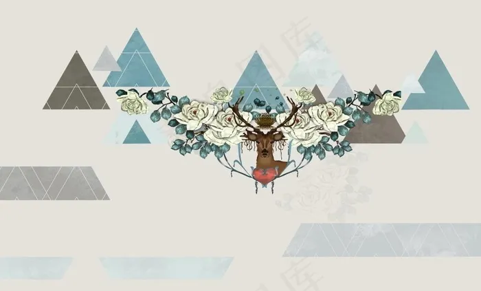 鹿 水墨 水彩画 复古 浮雕图片(10079X6413(DPI:80))psd模版下载