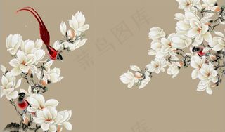 新中式白玉兰花国画电视背景墙图片