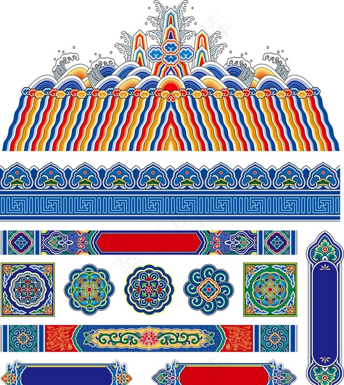 古典宫廷寺庙彩绘装饰花纹图片ai矢量模版下载