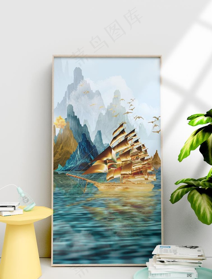 北欧轻奢手绘金色帆船装饰画图片(2268X4535(DPI:96))psd模版下载
