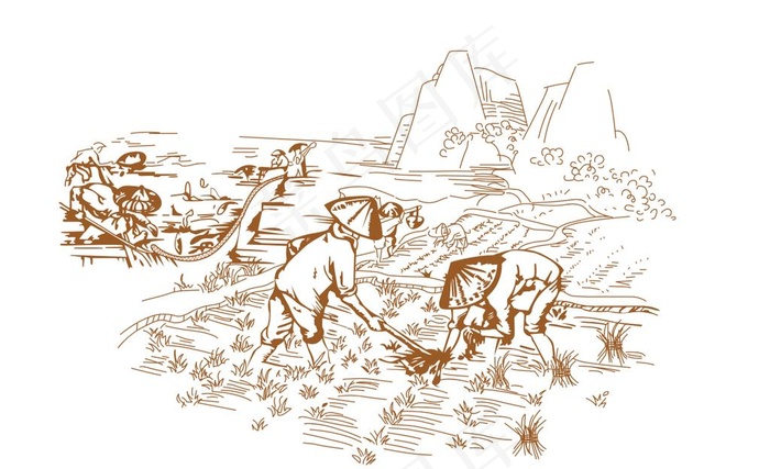 农耕捕鱼线描图片