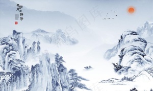 水墨山水小船背景墙图片