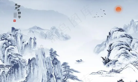 水墨山水小船背景墙图片 水墨山水小船背景墙图片