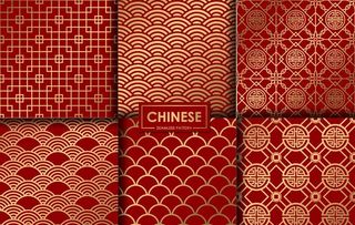 红色金色中式平铺图纹背景图图片