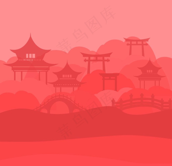 中国风古建筑风景插画图片ai矢量模版下载