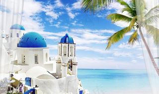 3D窗帘海边城堡电视背景墙图片