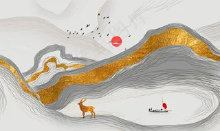 新中式线条创意山水玄关屏风画背图片