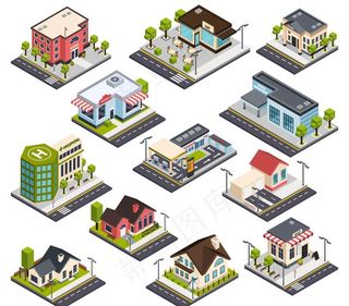 等距立体城市建筑矢量插画图片