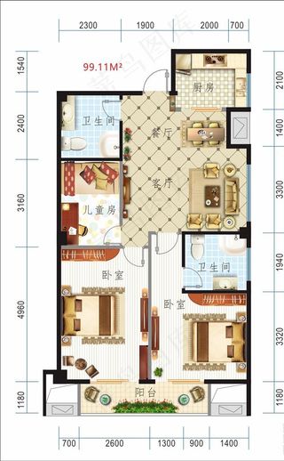 房地产户型图99.11平米图片