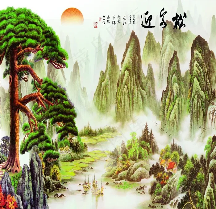 迎客松电视背景墙图片