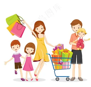 购物的家庭卡通人物矢量图片