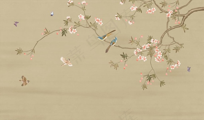 花鸟画 梅花 背景墙图片(9071X5669(DPI:72))psd模版下载