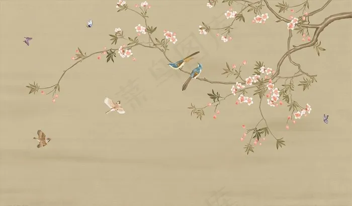 花鸟画 梅花 背景墙图片(9071X5669(DPI:72))psd模版下载