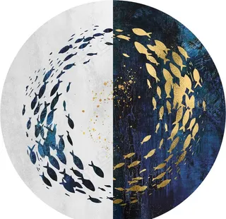 新中式圆形大理石纹鱼群装饰画图片