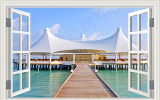 海边风景窗户立体电视背景墙图片