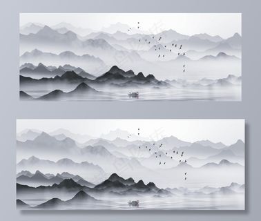 山水国风水墨古风插画卡通背景图片