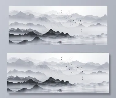 山水国风水墨古风插画卡通背景图片 山水国风水墨古风插画卡通背景图片