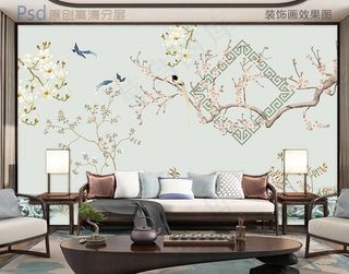清新工笔花鸟新中式背景墙图片