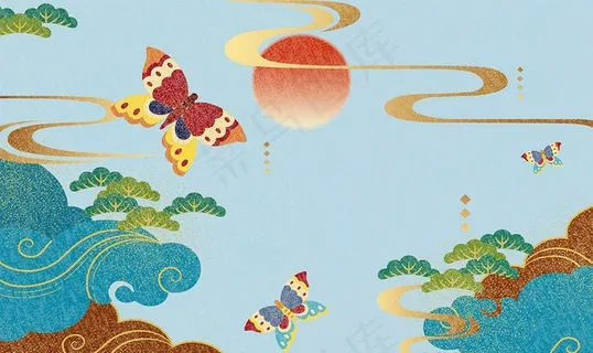 新中式国潮风蝴蝶祥云蓝色背景墙图片