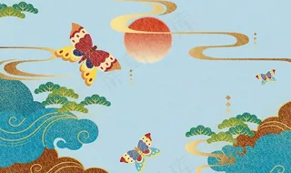 新中式国潮风蝴蝶祥云蓝色背景墙图片