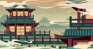 古风建筑手绘插画卡通psd图片