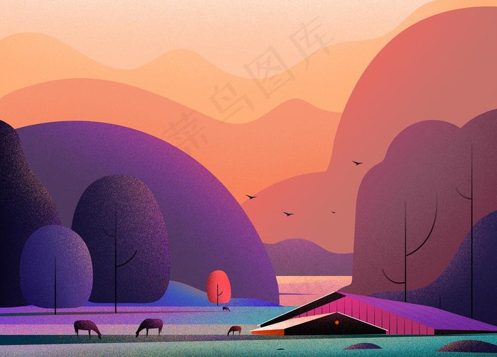 紫色卡通山水背景图片