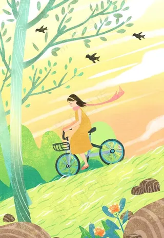 手绘夏天骑车女孩插画图片