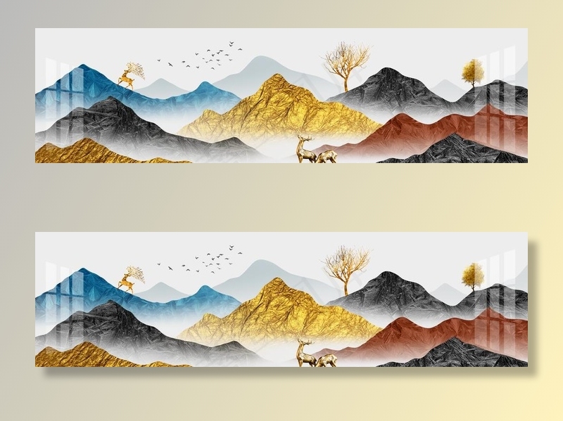 新中式手绘金色山水麋鹿装饰画图片