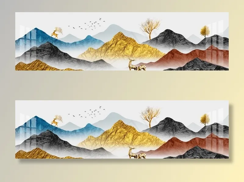新中式手绘金色山水麋鹿装饰画图片(10630X3248(DPI:150))psd模版下载