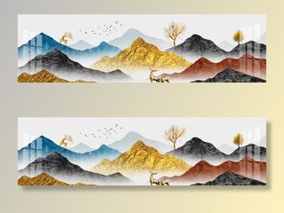 新中式手绘金色山水麋鹿装饰画图片