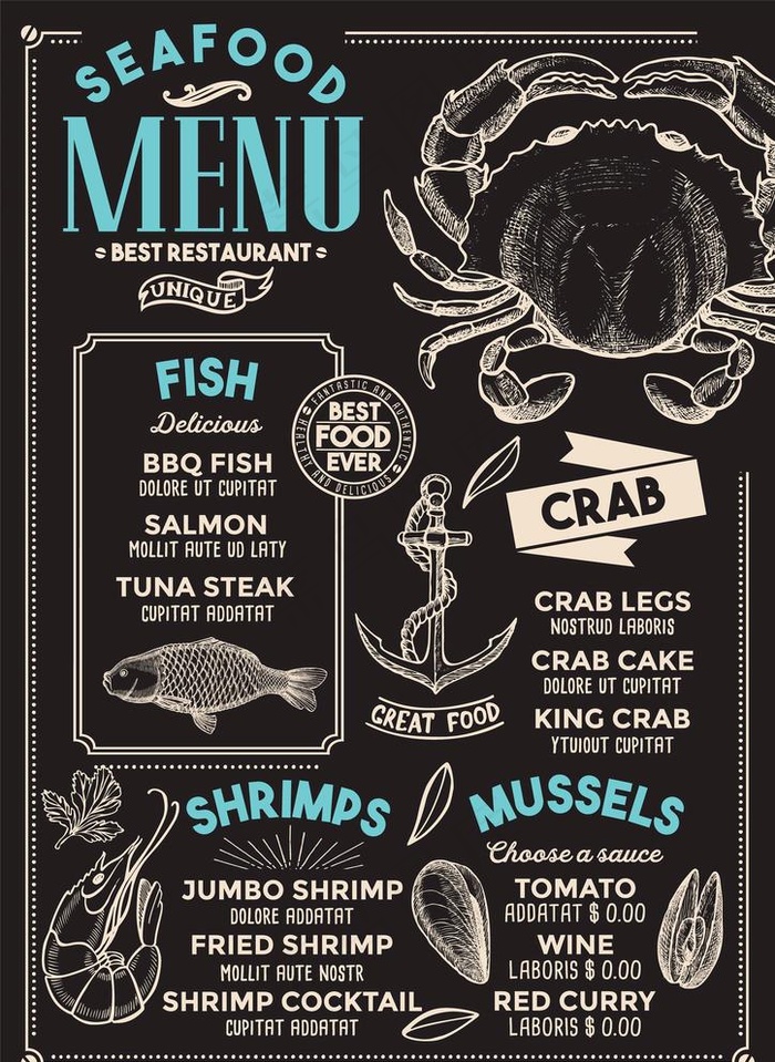 复古手绘海鲜龙虾螃蟹菜单模板图片