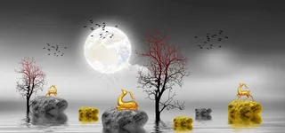 新中式麋鹿灰度去色月亮装饰画图片