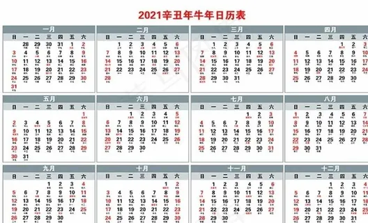 2021辛丑年牛年日历表图片