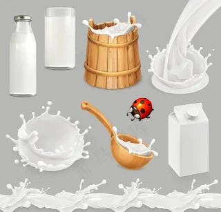 灰色背景上的木桶木勺牛奶图片