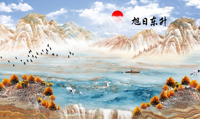 山水画 旭日东升 背景墙图片(9071X5669(DPI:72))psd模版下载