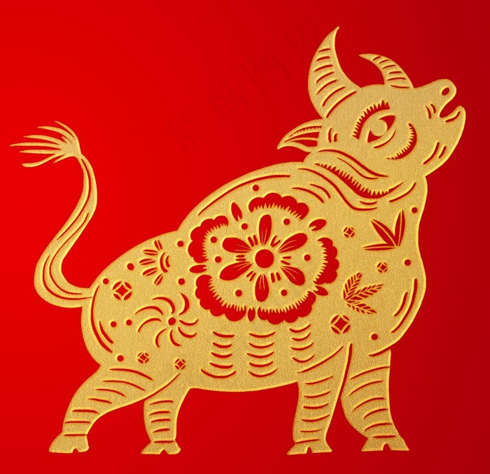 金色浮雕风剪纸福牛装饰元素图片