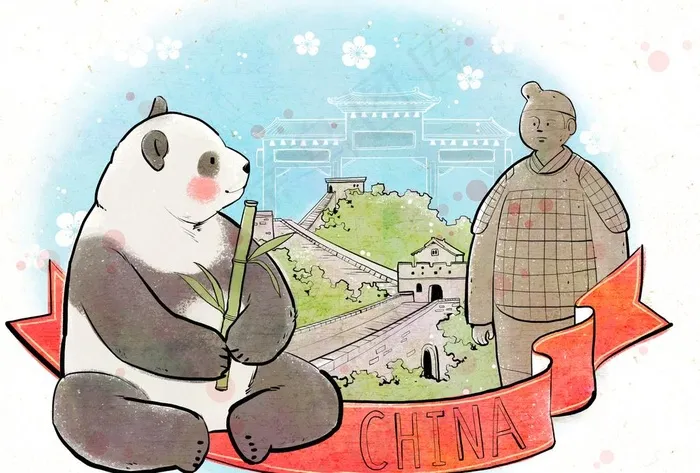 中国传统熊猫插画图片psd模版下载