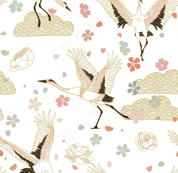 和风仙鹤樱花平铺图案图片eps,ai矢量模版下载