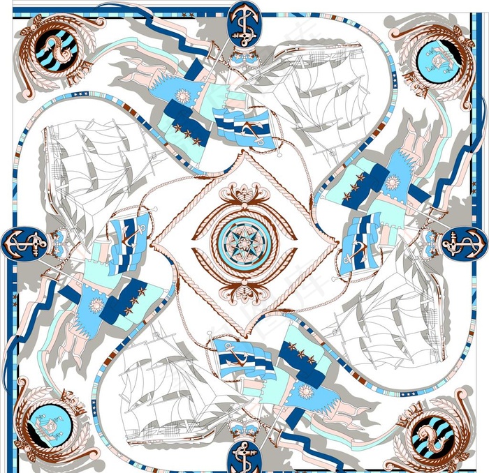 数码印花 方巾 帆船 链子图片