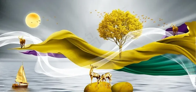 新中式金色黄色飘带石头装饰画图片