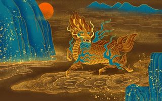 麒麟烫金国风插画卡通背景素材图片