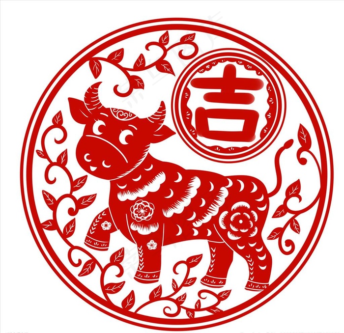 牛年剪纸插画图片