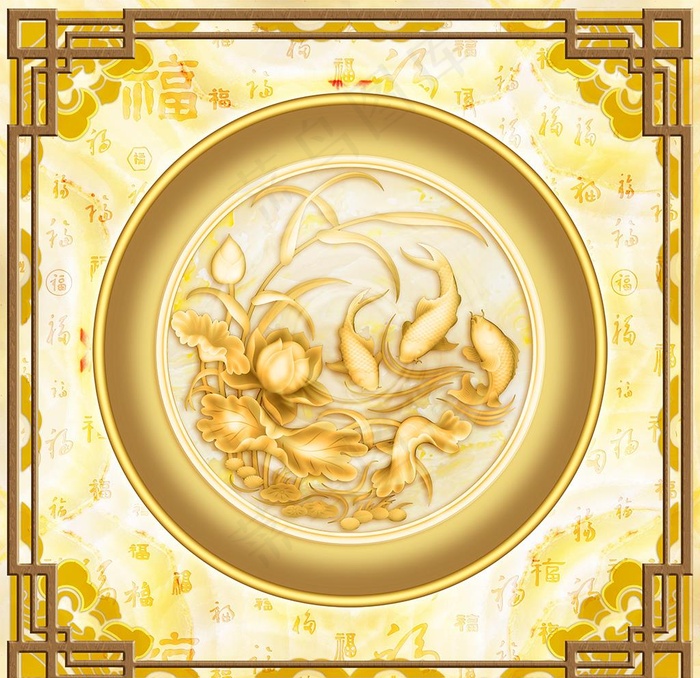 浮雕荷花新中式天顶壁画图片(11339X11339(DPI:72))psd模版下载