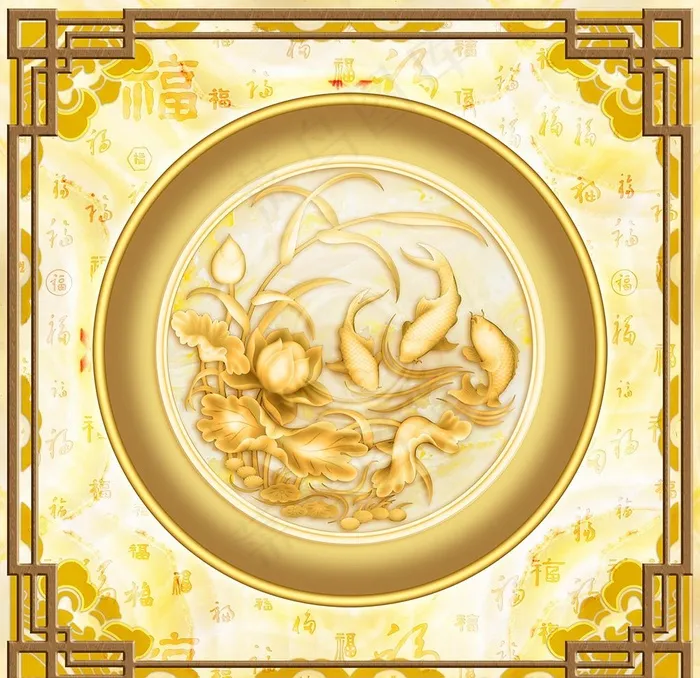 浮雕荷花新中式天顶壁画图片(11339X11339(DPI:72))psd模版下载