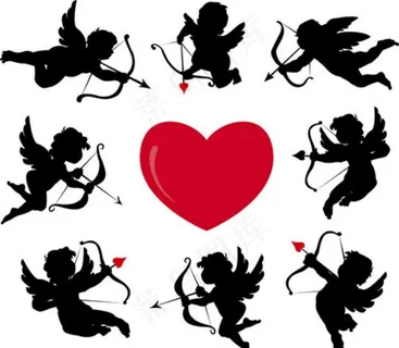 心形与爱神丘比特剪影图片