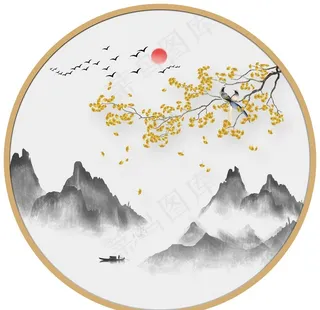 圆形山水画圆形水墨画圆形银杏叶图片