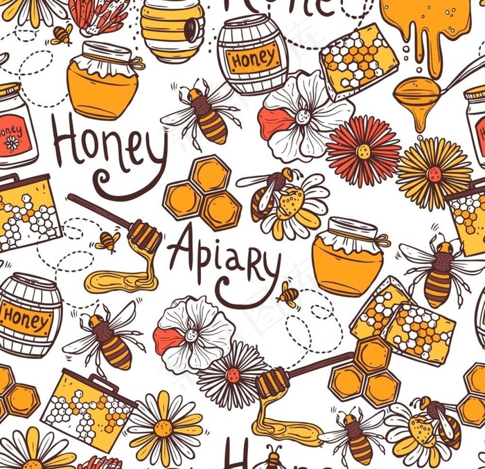 蜜蜂矢量无缝图案图片
