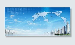 蓝色背景前的城市楼群和地球图片